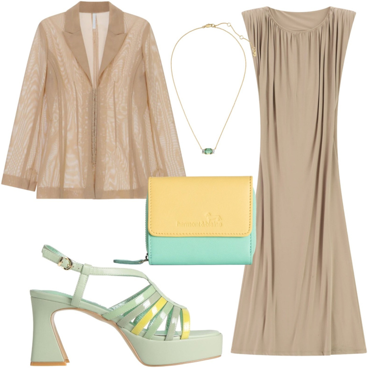 Outfit donna - Trasparenze. Stile Glamour per Serata fuori. Abbinamento con sandali in pelle, portafogli, blazer, vestiti lunghi, collane.