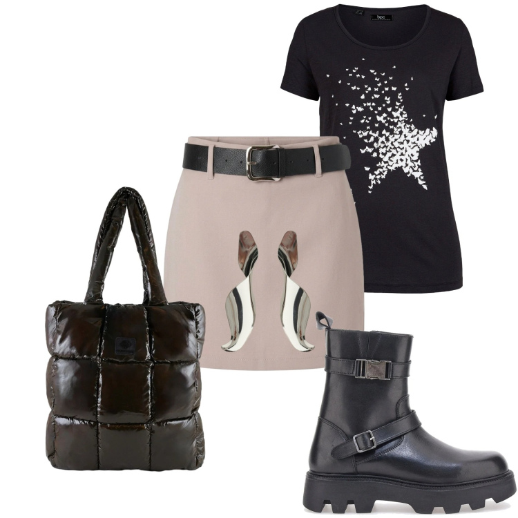 Outfit donna - Total look #2395967. Stile Urban per Serata fuori. Abbinamento con t-shirt, minigonne, orecchini, shopping bag, stivaletti.