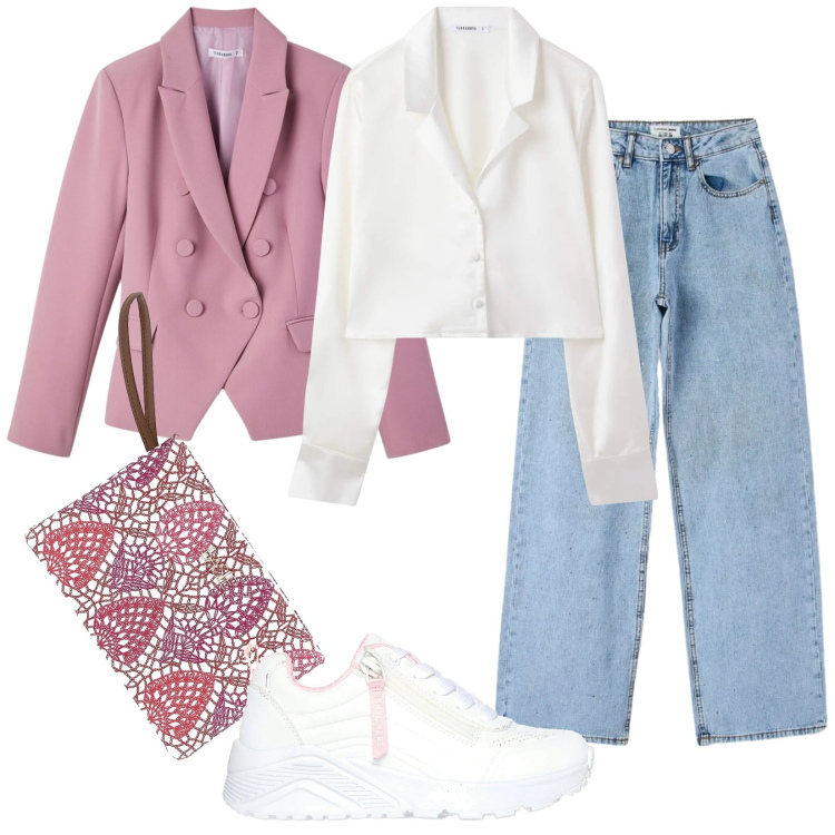 Outfit donna - Rosa blush. Stile Casual per Tutti i giorni. Abbinamento con camicie, blazer, jeans, pochette, sneakers alte.