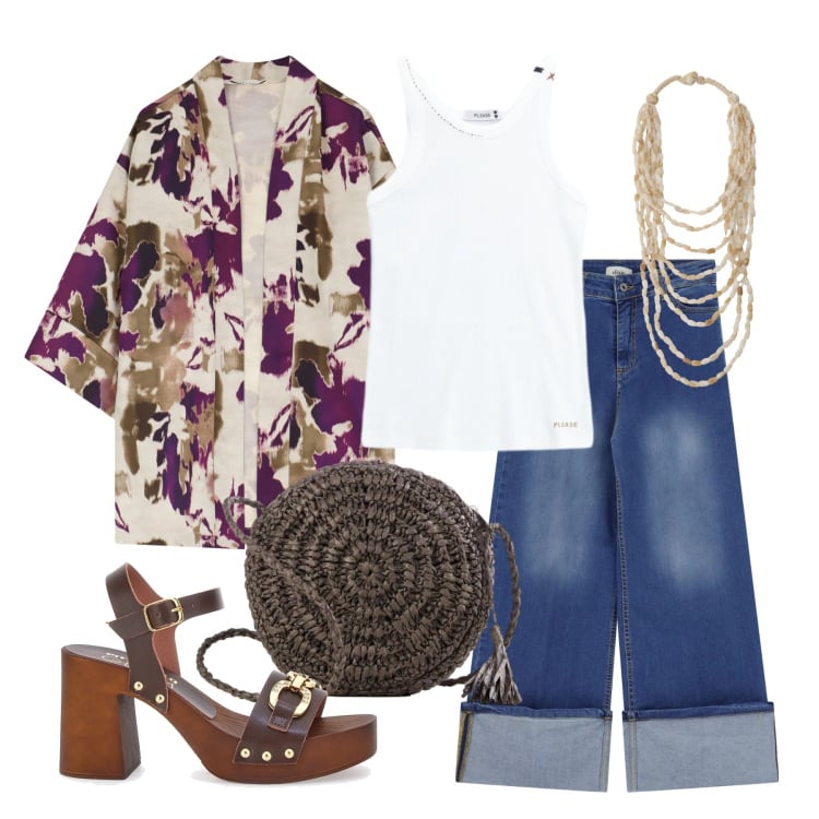 Outfit donna - Maggio. Stile Trendy per Tutti i giorni. Abbinamento con borse a tracolla, top, collane, jeans dritti, cappotti, zoccoli.
