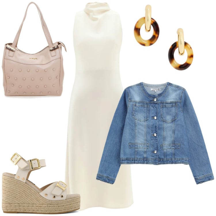 Outfit donna - Aperipranzo. Stile Casual chic per Tutti i giorni. Abbinamento con blazer, vestiti midi/longuette, orecchini, zeppe, shopping bag.