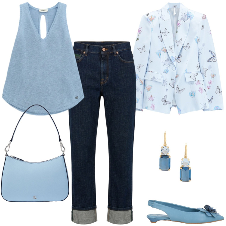 Outfit donna - Azzurro cielo. Stile Casual chic per Ufficio. Abbinamento con ballerine, jeans dritti, blazer, top, borse a spalla, orecchini.