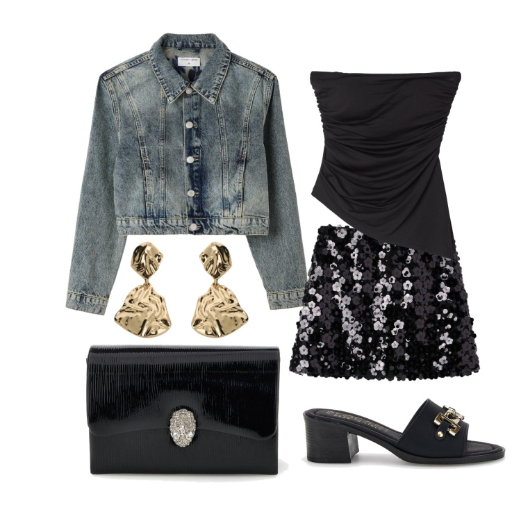 Outfit donna - Maggio. Stile Glamour per Serata fuori. Abbinamento con gonne, cappotti, top, orecchini, pochette, sandali col tacco.