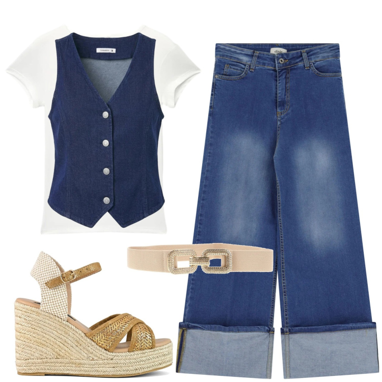 Outfit donna - Il jeans. Stile Glamour per Tutti i giorni. Abbinamento con gilet, t-shirt, jeans dritti, zeppe, cinture.