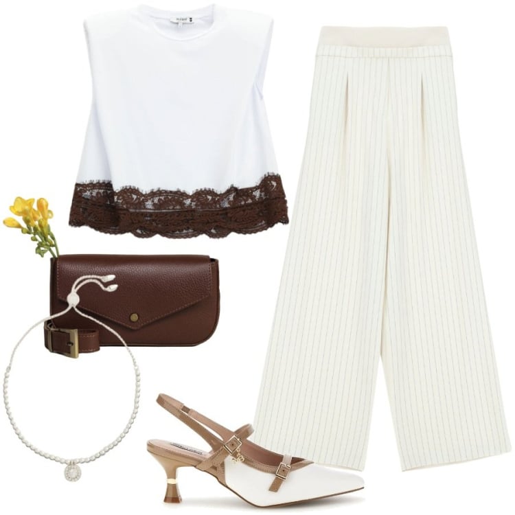 Outfit donna - Cerimonia. Stile Chic per Cerimonia. Abbinamento con top, pantaloni a palazzo, borse a tracolla, braccialetti, décolleté.