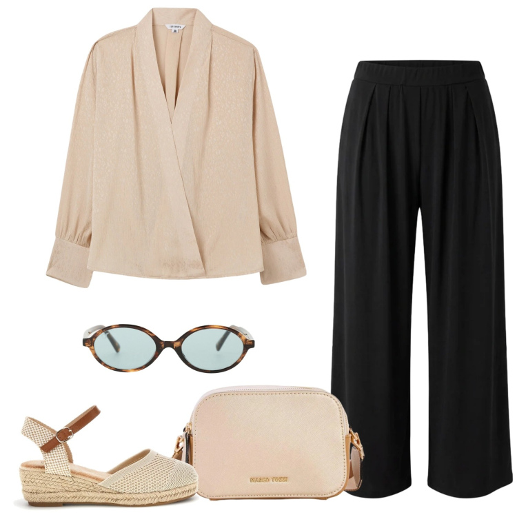 Outfit donna - Morbida silhouette. Stile Casual per Ufficio. Abbinamento con borse a tracolla, pantaloni, bluse, occhiali da sole, zeppe.