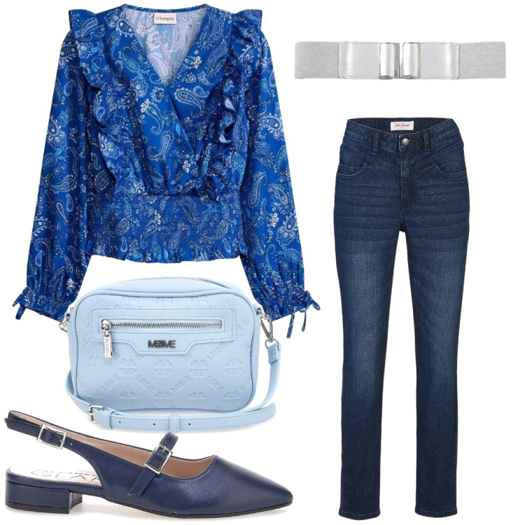 Outfit donna - Blu con amore. Stile Casual chic per Ufficio. Abbinamento con bluse, jeans skinny, cinture, borse a tracolla, décolleté.
