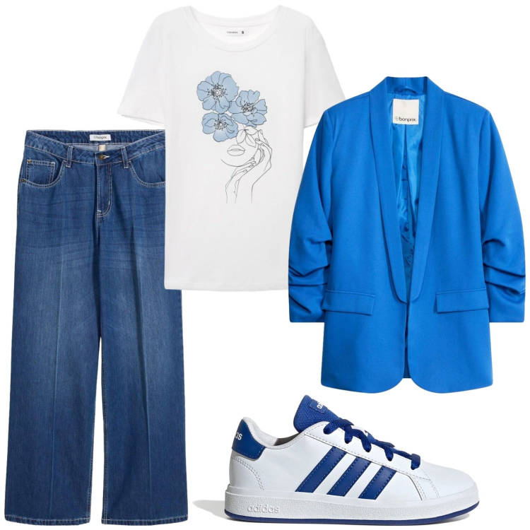 Outfit donna - Total look #2395987. Stile Casual chic per Tutti i giorni. Abbinamento con jeans, blazer, t-shirt, sneakers.