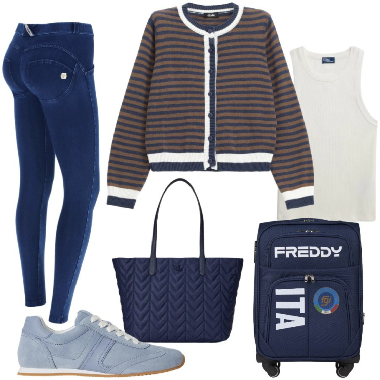 Outfit donna - Viaggio breve. Stile Casual chic per Tutti i giorni. Abbinamento con cardigans, jeggings, valigie, borse tote, canottiere, sneakers.