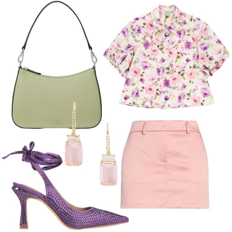 Outfit donna - Tacco geometrico. Stile Romantica per Tutti i giorni. Abbinamento con décolleté, minigonne, camicie a manica corta, borse a spalla, orecchini.