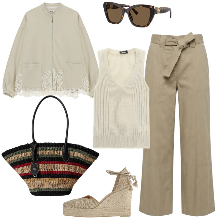 Outfit donna - Relaxed. Stile Trendy per Tutti i giorni. Abbinamento con espadrillas, pantaloni, top, felpe, occhiali da sole, borse tote.