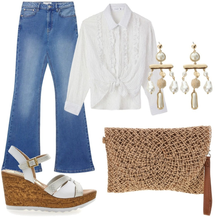 Outfit donna - Passeggiata estiva. Stile Casual chic per Serata fuori. Abbinamento con jeans a zampa, camicie, orecchini, borse a tracolla, zeppe.