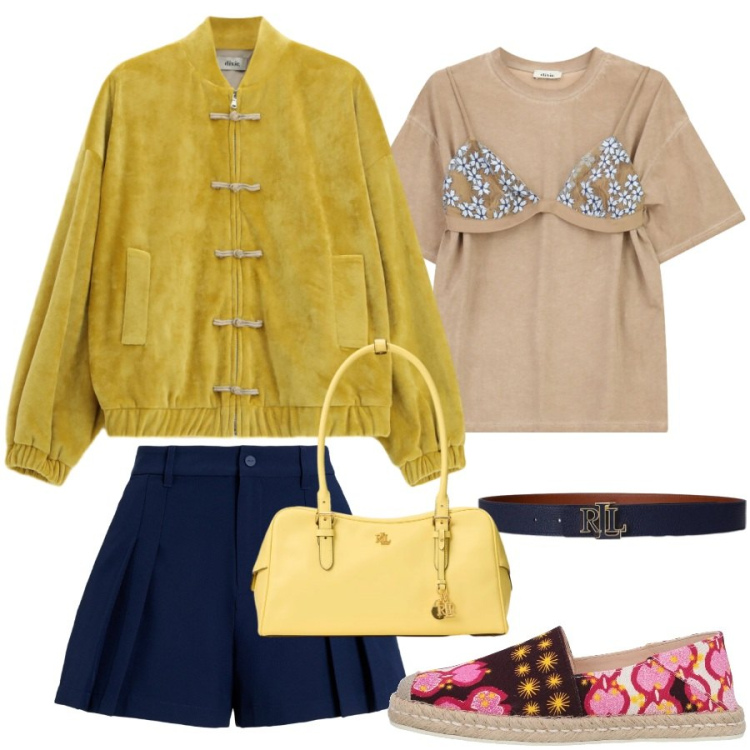 Outfit donna - Eccentrica. Stile Boho per Serata fuori. Abbinamento con espadrillas, bomber, t-shirt, cinture, borse a mano, minigonne.