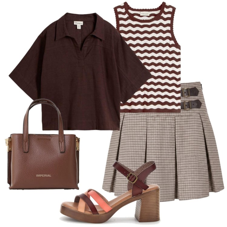 Outfit donna - Top ad onde. Stile Urban per Scuola/Università. Abbinamento con top, tuniche, minigonne, borse a tracolla, sandali col tacco.