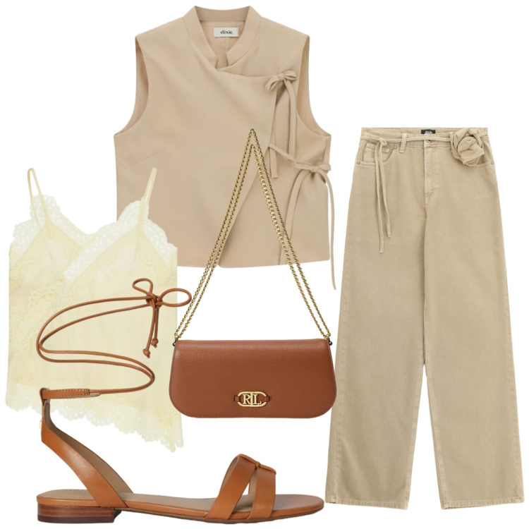 Outfit donna - Collo alla coreana. Stile Minimal per Tutti i giorni. Abbinamento con pantaloni a palazzo, gilet, top, sandali in pelle, borse a spalla.