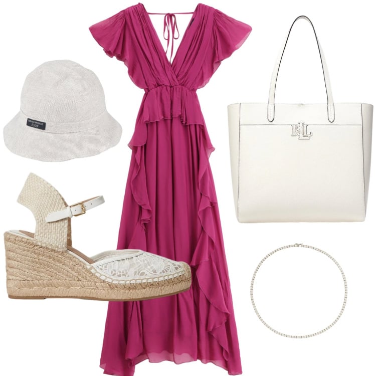 Outfit donna - Eleganza spensierata. Stile Trendy per Tutti i giorni. Abbinamento con cappelli, vestiti lunghi, borse tote, collane, espadrillas.