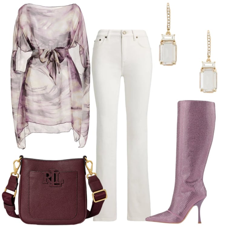 Outfit donna - Chic in violet. Stile Chic per Serata fuori. Abbinamento con stivali, top, orecchini, borse a tracolla, jeans dritti.