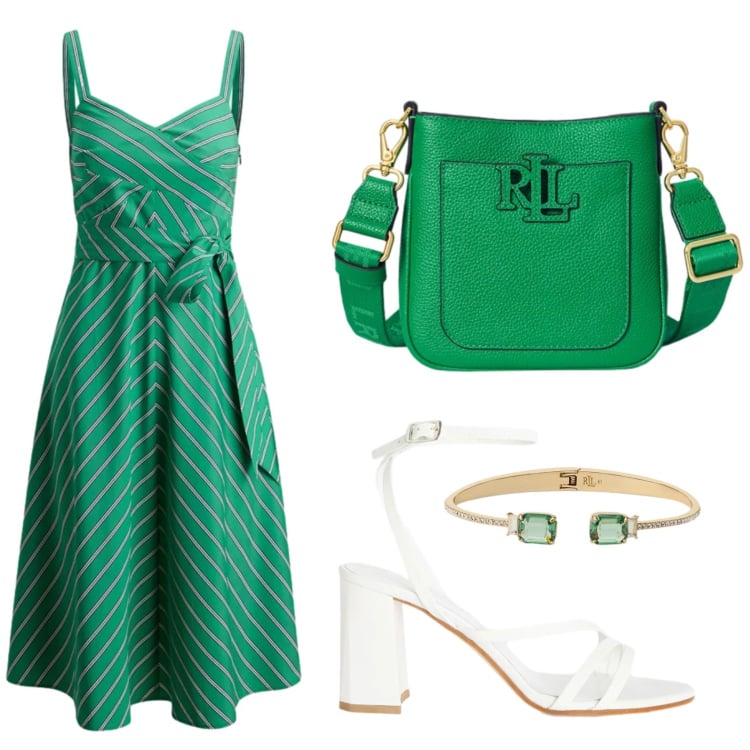 Outfit donna - L\'abito in cotone. Stile Chic per Ufficio. Abbinamento con sandali in pelle, vestiti, borse a tracolla, braccialetti.