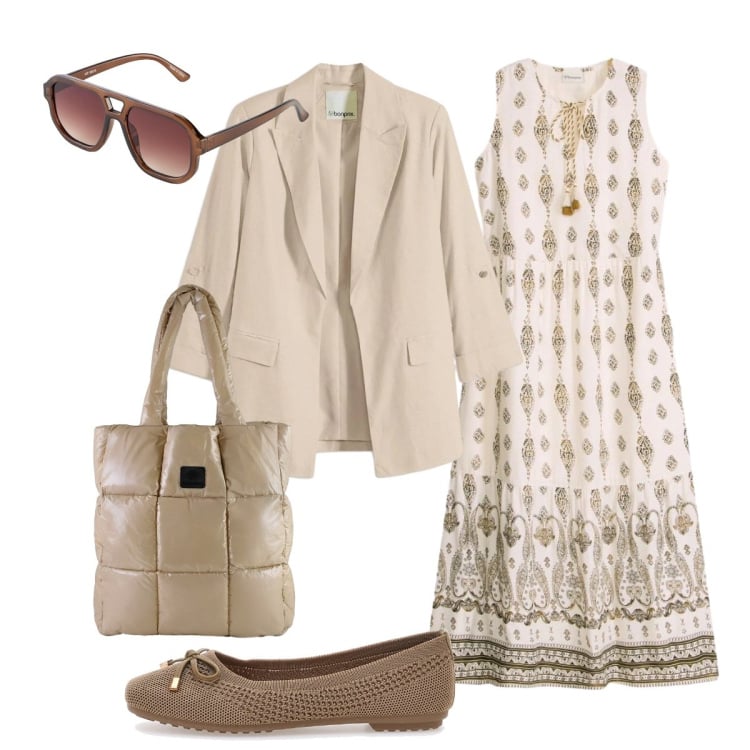 Outfit donna - Tinte naturali per l’abito boho. Stile Boho per Ufficio. Abbinamento con vestiti lunghi, blazer, occhiali da sole, shopping bag, ballerine.