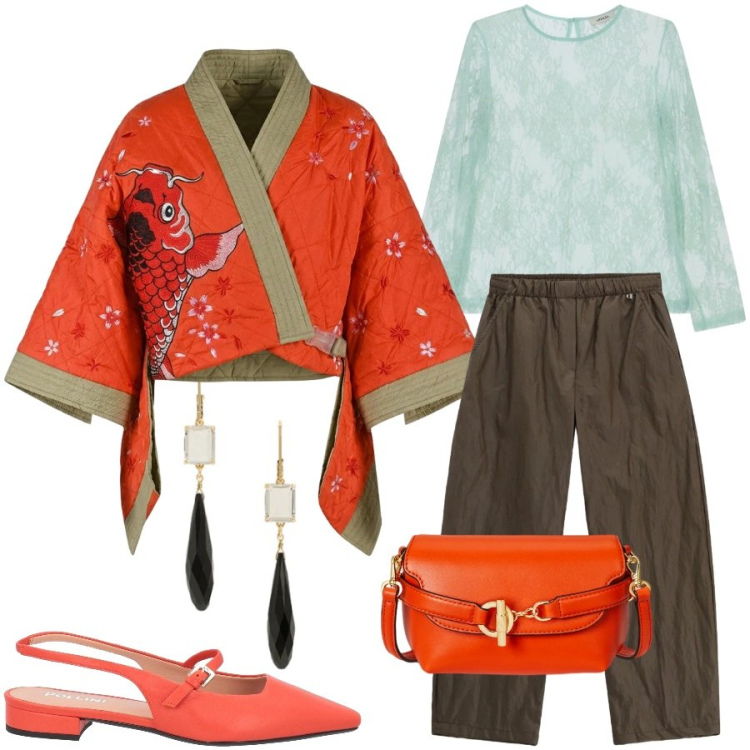 Outfit donna - La camicia kimono. Stile Trendy per Serata fuori. Abbinamento con ballerine, pantaloni a palazzo, top, kimono, borse a tracolla, orecchini.