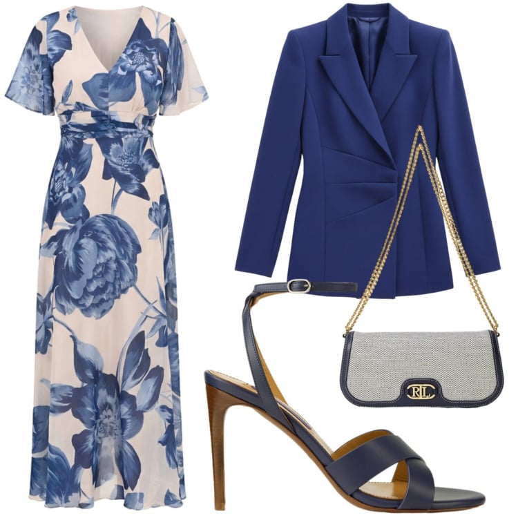 Outfit donna - Esplosione di fiori. Stile Romantica per Cerimonia. Abbinamento con blazer, vestiti lunghi, sandali col tacco, borse a spalla.