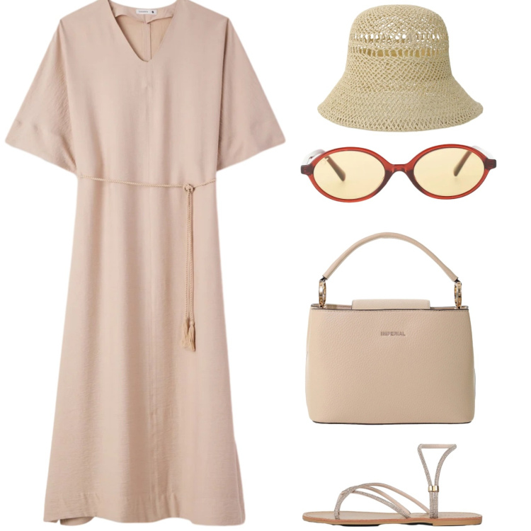 Outfit donna - In vacanza. Stile Basic per Tutti i giorni. Abbinamento con sandali, vestiti lunghi, borse a secchiello, cappelli, occhiali da sole.
