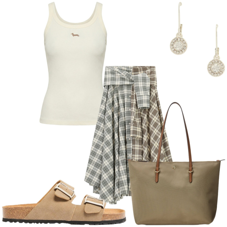 Outfit donna - Longuette e top. Stile Trendy per Tutti i giorni. Abbinamento con ciabatte, canottiere, gonne longuette, orecchini, borse tote.