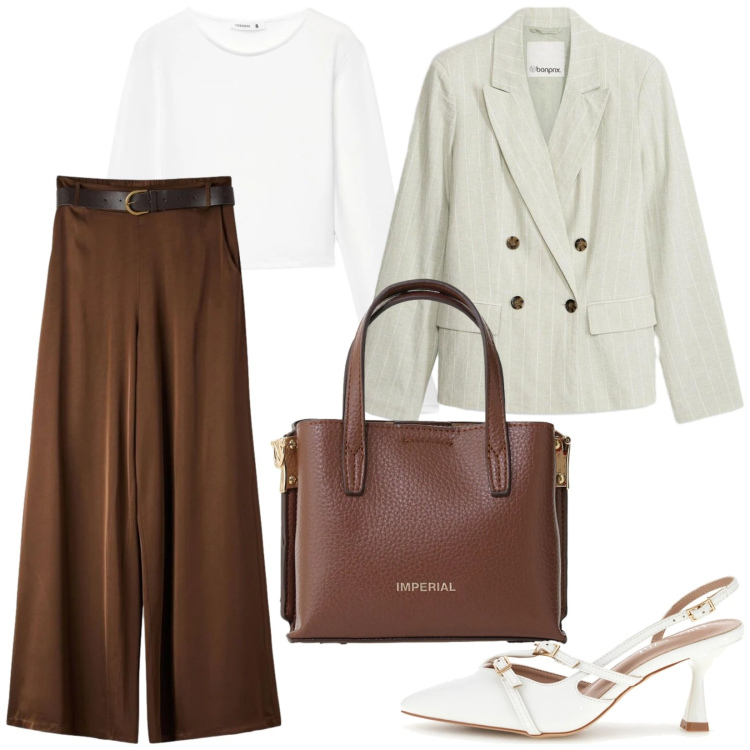 Outfit donna - Total look #2396010. Stile Bon Ton per Ufficio. Abbinamento con blazer, pantaloni, t-shirt, borse a tracolla, décolleté.