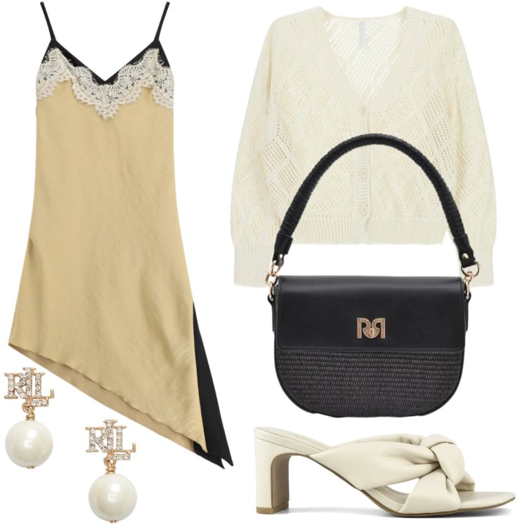 Outfit donna - Inserto in pizzo. Stile Glamour per Serata fuori. Abbinamento con cardigans, borse a spalla, vestiti asimmetrici, orecchini, sandali col tacco.