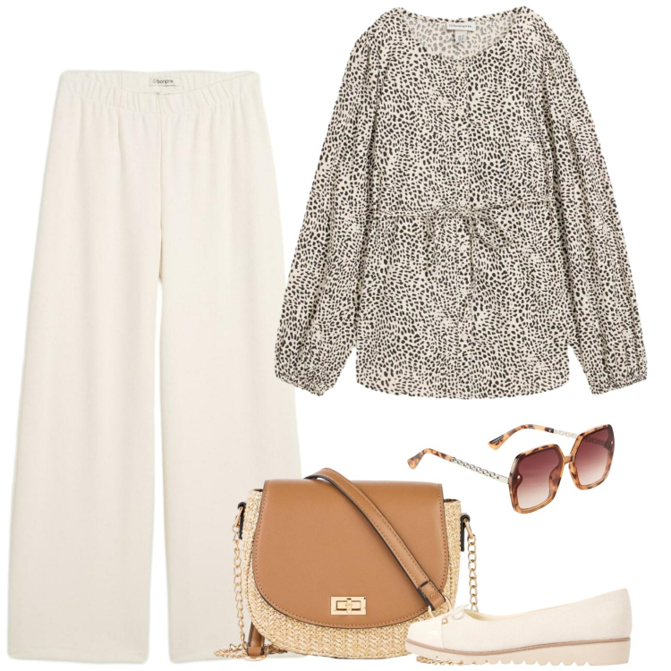 Outfit donna - Libertà. Stile Casual per Ufficio. Abbinamento con pantaloni, occhiali da sole, camicie, ballerine, borse a tracolla.