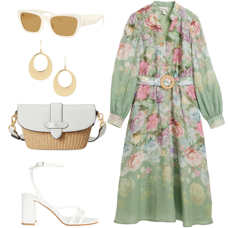 Outfit donna - Un prato fiorito. Stile Bon Ton per Serata fuori. Abbinamento con vestiti midi/longuette, sandali in pelle, borse a spalla, orecchini, occhiali da sole.