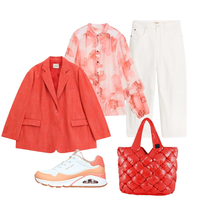 Outfit donna - Bianco e rosso in Primavera. Stile Casual chic per Tutti i giorni. Abbinamento con camicie, pantaloni, blazer, borse tote, sneakers.