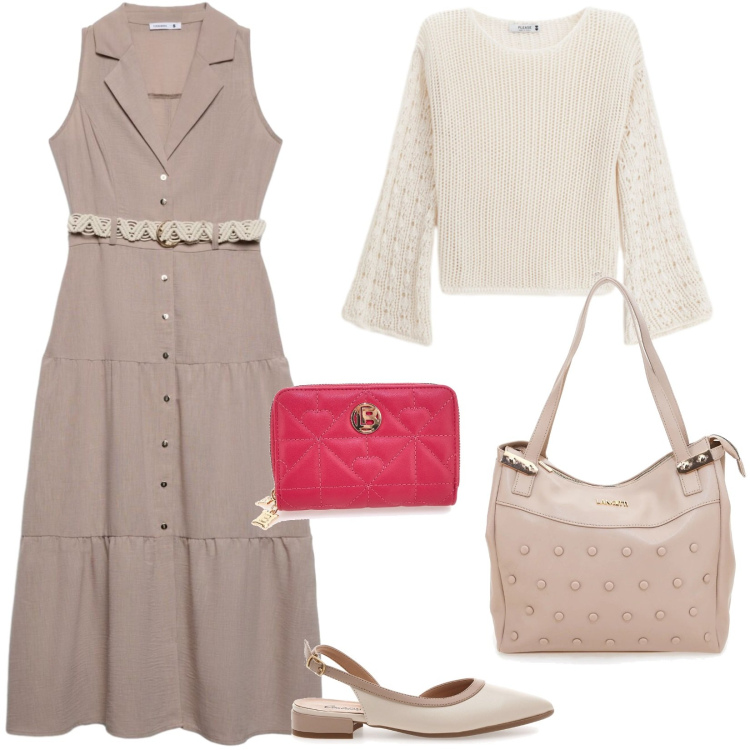 Outfit donna - Silhouette fluida e leggera. Stile Romantica per Ufficio. Abbinamento con vestiti chemisier, maglieria, portafogli, ballerine, shopping bag.