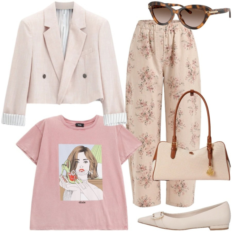 Outfit donna - Dettagli primaverili. Stile Romantica per Tutti i giorni. Abbinamento con ballerine, blazer, pantaloni, t-shirt, occhiali da sole, borse a mano.