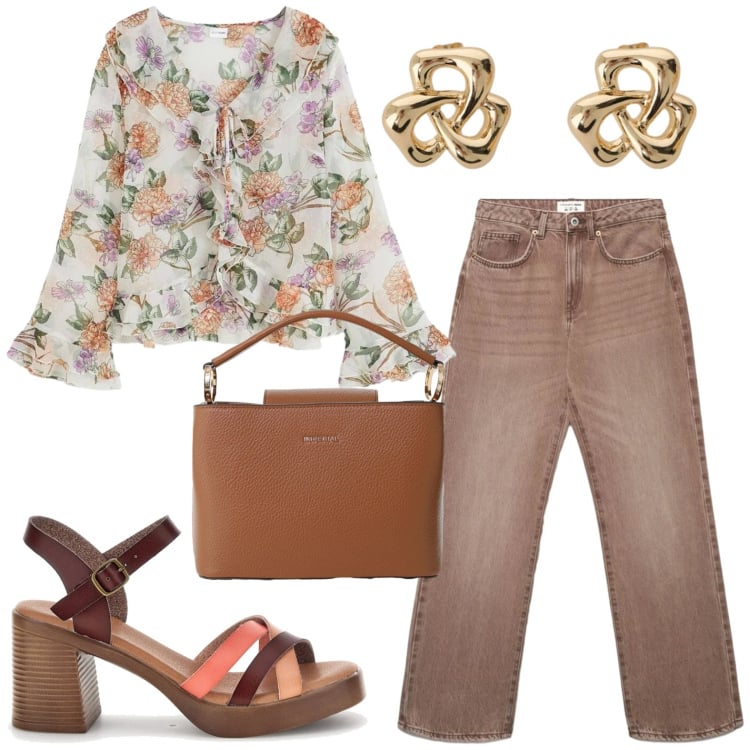 Outfit donna - Total look #2396020. Abbinamento con bluse, jeans dritti, borse a secchiello, orecchini, sandali col tacco.