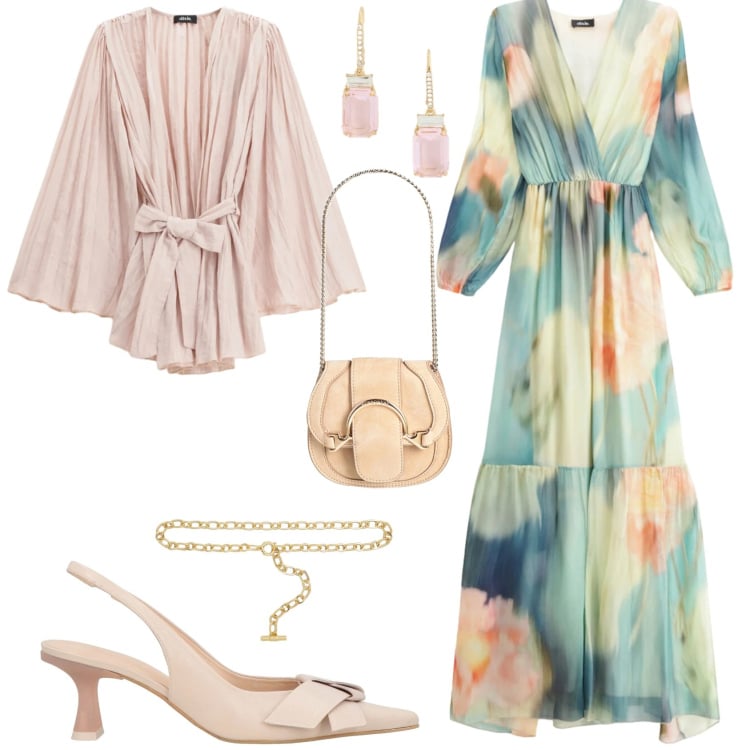 Outfit donna - Romantica cerimonia evento serata. Stile Romantica per Cerimonia. Abbinamento con marsupi, décolleté, vestiti lunghi, blazer, cinture, orecchini.
