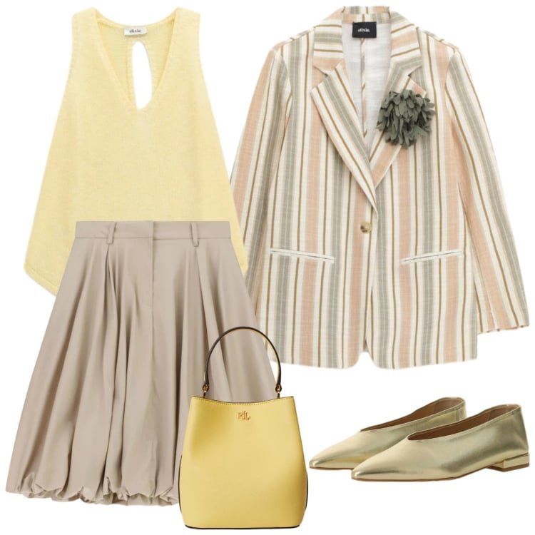 Outfit donna - College style. Stile Preppy per Scuola/Università. Abbinamento con gonne longuette, blazer, ballerine, top, borse a secchiello.