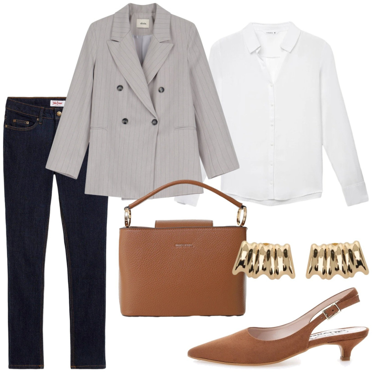Outfit donna - Total look #2396027. Stile Casual chic per Ufficio. Abbinamento con jeans skinny, camicie, borse a secchiello, orecchini, blazer, décolleté.