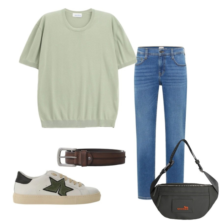 Outfit uomo - Total look #2396030. Stile Trendy per Tutti i giorni. Abbinamento con jeans bootcut, sneakers, cinture, t-shirt, borse sportive.