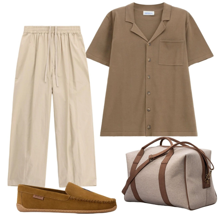 Outfit uomo - Safari style. Stile Casual per Tutti i giorni. Abbinamento con camicie a manica corta, pantaloni, borse sportive, scarpe stringate.
