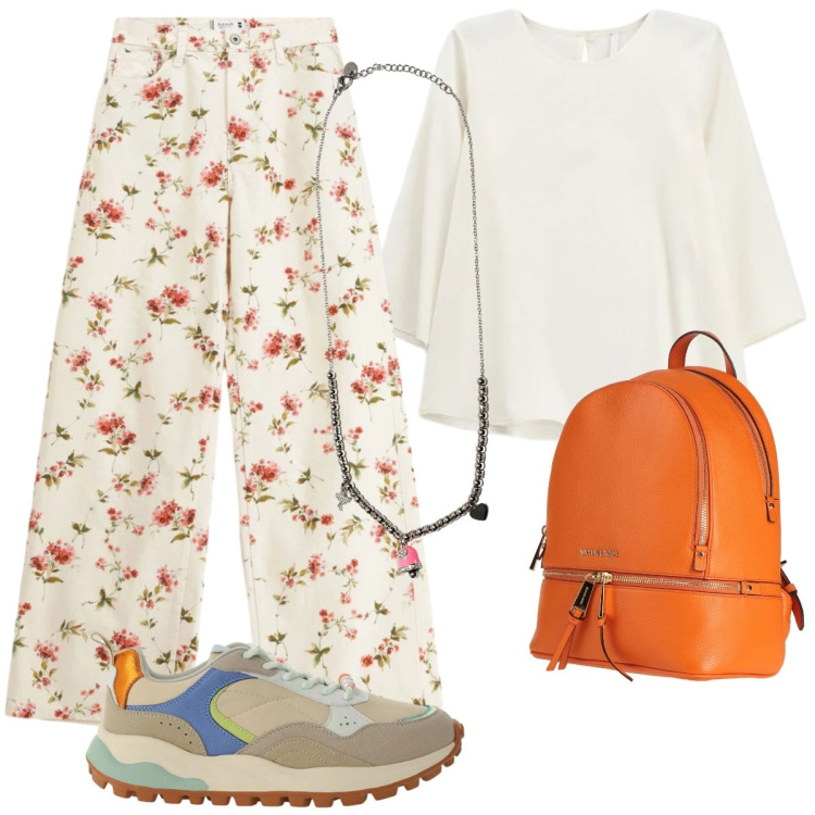 Outfit donna - Passeggiata primaverile. Stile Casual per Tutti i giorni. Abbinamento con zaini, pantaloni a palazzo, top, sneakers, ciondoli.