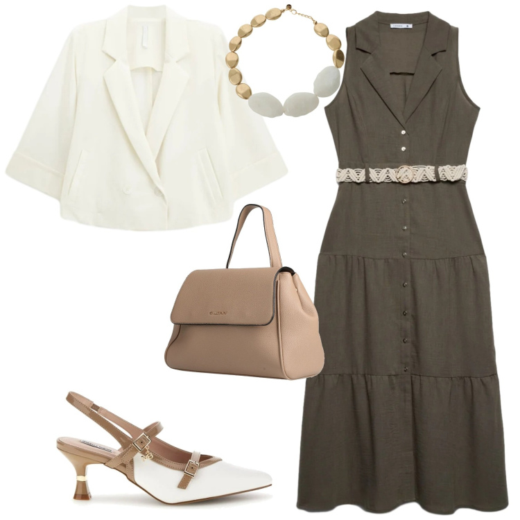 Outfit donna - Casual chic ufficio tempo libero. Stile Casual chic per Tutti i giorni. Abbinamento con zaini, vestiti chemisier, blazer, collane, décolleté.