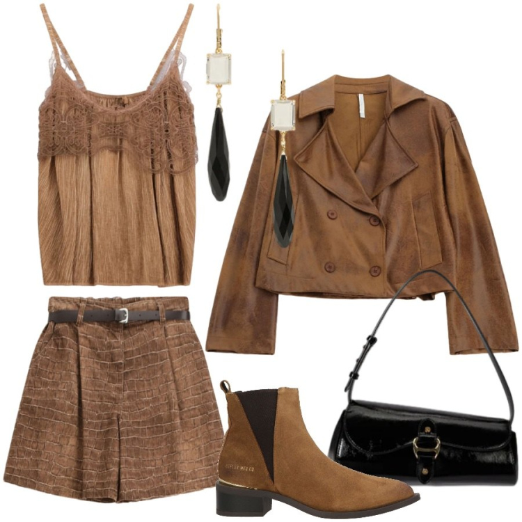 Outfit donna - Trendy Urban style. Stile Trendy per Serata fuori. Abbinamento con stivaletti texani, bermuda, giacche, top, borse a spalla, orecchini.