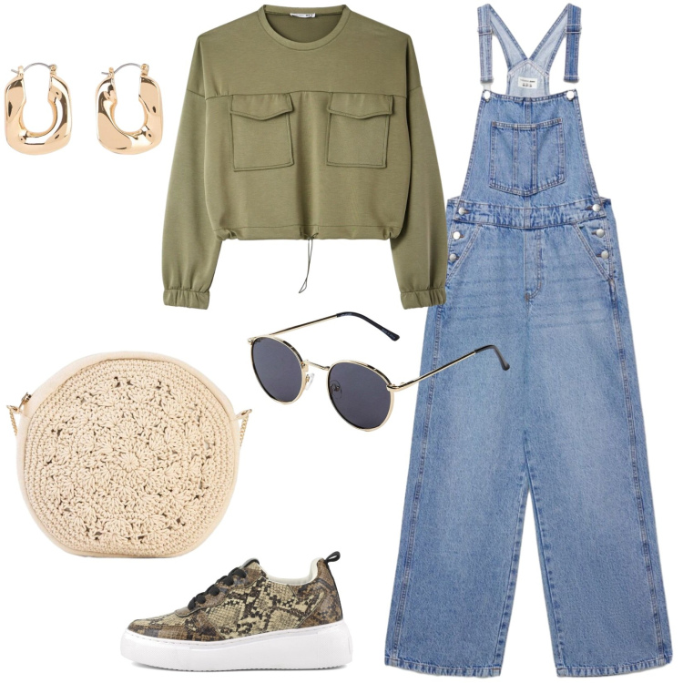 Outfit donna - Relaxed. Stile Urban per Tutti i giorni. Abbinamento con occhiali da sole, orecchini, borse a tracolla, salopette, felpe, sneakers.