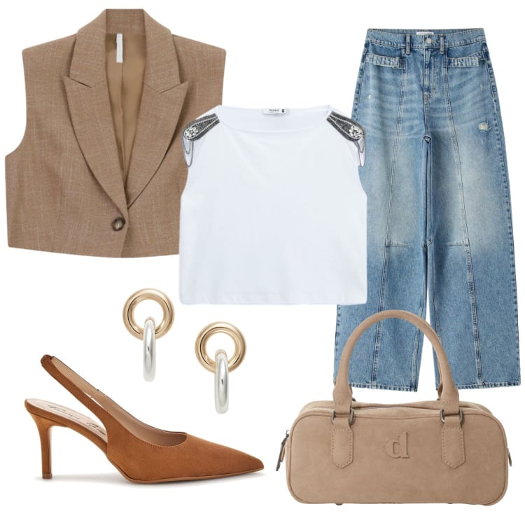 Outfit donna - Denim&sand. Stile Casual chic per Ufficio. Abbinamento con jeans, top, gilet, cappotti, orecchini, décolleté.