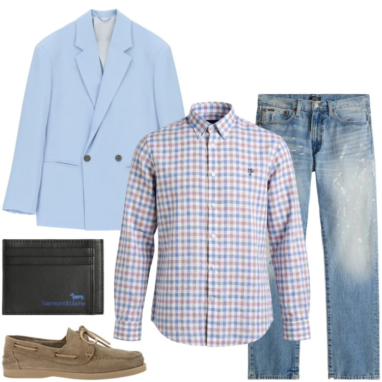 Outfit uomo - Total look #2396042. Stile Urban per Tutti i giorni. Abbinamento con giacche, portafogli, scarpe stringate, camicie, jeans dritti.
