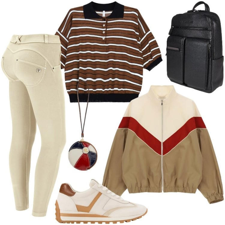 Outfit donna - Urban style. Stile Urban per Scuola/Università. Abbinamento con zaini, polo, bomber, pantaloni skinny, sneakers, portachiavi.