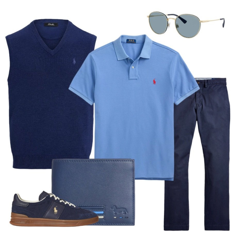 Outfit uomo - Total look #2396045. Stile Trendy per Tutti i giorni. Abbinamento con portafogli, sneakers, pantaloni, polo, maglieria, occhiali da sole.