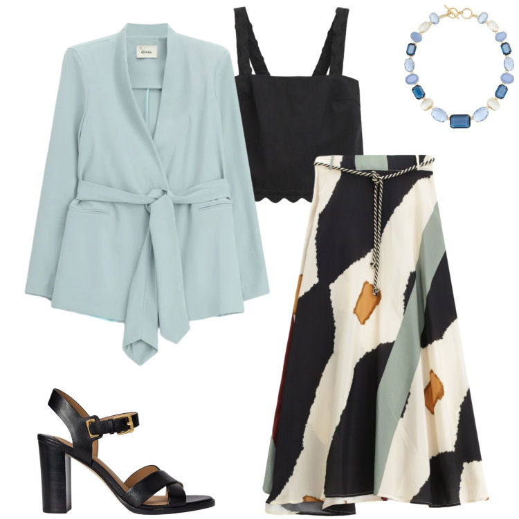 Outfit donna - Tempo di cerimonie. Stile Chic per Cerimonia. Abbinamento con top, blazer, gonne lunghe, sandali in pelle, collane.