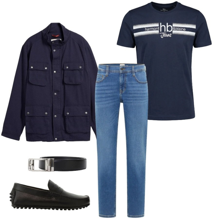 Outfit uomo - Total look #2396047. Stile Urban per Tutti i giorni. Abbinamento con giacche, jeans bootcut, scarpe stringate, cinture, t-shirt.